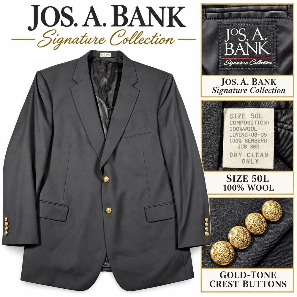 Jos. A. Bank Blazer Men 50L Black Wool Signature Collection Gold Crest Buttons